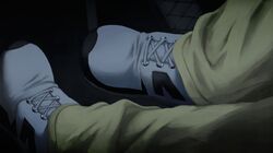  1boy absurdres brown_pants close-up driving foot_pedal footwear_focus fujiwara_takumi highres initial_d laing male_focus pants pedal shoes sneakers solo vehicle_interior white_footwear 