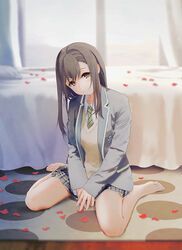  bare_legs barefoot bedroom blazer blurry blurry_background brown_eyes brown_hair closed_mouth female full_body green_necktie grey_skirt hair_between_eyes indoors jacket kurono_mitsuki long_hair long_sleeves miniskirt necktie open_clothes open_jacket original petals plaid plaid_skirt school_uniform sitting skirt smile solo striped_necktie sweater wariza yellow_sweater 