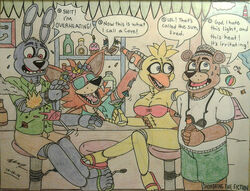  2014 alcohol animatronic anthro avian ball bar beach beach_ball bear beverage bird bodily_fluids bonnie_(fnaf) bottle breasts burning canid canine chair chica_(fnaf) chicken clothing cocktail cocktail_garnish cocktail_umbrella container cupcake_(fnaf) doll_joints english_text eyewear female fire five_nights_at_freddy&#039;s flip_flops flower flower_crown footwear fox foxy_(fnaf) freddy_(fnaf) furniture galliform gallus_(genus) group hand_on_hip hand_on_shoulder inflatable lagomorph leporid machine male mammal non-mammal_breasts phasianid pink_clothing pink_swimwear plant rabbit robot sandals scottgames sea seam_(sewing) seaside sega-htf shocked smile speech_bubble spilled_drink stitch_(sewing) sunglasses sweat swimwear text traditional_media_(artwork) water 