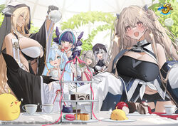  &gt;_&lt; +_+ 6+girls absurdres anchorage_(azur_lane) animal_ears aqua_eyes azur_lane bare_shoulders black_dress black_gloves black_hair black_shorts blonde_hair blue_eyes blue_hair breast_cutout breasts cake cake_slice cheshire_(azur_lane) cleavage cleavage_cutout clothing_cutout commentary_request crown cup decantering dress elbe_(azur_lane) fake_animal_ears food framed_breasts frilled_hairband frills from_side gloves grey_hair hair_between_eyes hair_bun hair_over_one_eye hairband half_gloves highres holding holding_saucer holding_teapot horns huge_breasts implacable_(azur_lane) indoors janus_(azur_lane) kaoruko_(unkrk55) large_breasts leaning_forward light_blue_hair light_brown_hair long_hair long_sleeves macaron maid_headdress manchester_(azur_lane) manjuu_(azur_lane) mini_crown multicolored_hair multiple_girls navel nun official_art open_mouth pink_ribbon purple_hair red_eyes revealing_clothes ribbon saucer scared second-party_source shorts sleeves_past_fingers sleeves_past_wrists standing streaked_hair tea tea_party teacup teapot tiered_tray twintails two-tone_dress two-tone_hair veil very_long_hair very_long_sleeves white_dress white_horns wide_sleeves 