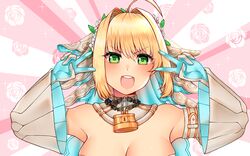  ahoge bare_shoulders blonde_hair blue_gloves blush breasts bridal_veil chains cleavage detached_sleeves double_v emotional_engine_-_full_drive fate/extra fate/extra_ccc fate/grand_order fate_(series) female floral_background flower_wreath gloves green_eyes hair_between_eyes hair_intakes hands_up head_wreath highres large_breasts lock long_hair long_sleeves looking_at_viewer nero_claudius_(bride)_(fate) nero_claudius_(bride)_(second_ascension)_(fate) nero_claudius_(fate) newmoonshira open_mouth padlock parody pink_background puffy_detached_sleeves puffy_sleeves smile solo sparkle sunburst sunburst_background two-tone_gloves v veil white_background white_gloves white_sleeves wide_sleeves 