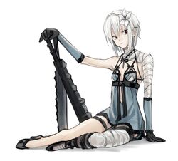  accelerator_(toaru_majutsu_no_index) albino ath1243 bandaged_arm bandaged_leg bandages black_footwear black_ribbon blue_dress cosplay dress elbow_gloves female flat_chest flower genderswap_(mtf) gloves hair_flower hair_ornament high_heels holding holding_weapon kaine_(nier) kaine_(nier)_(cosplay) lace_trim light_frown looking_to_the_side nier nier_(series) pale_skin red_eyes revealing_clothes ribbon rule_63 sanpaku short_hair sidelocks sitting solo suzushina_yuriko toaru_majutsu_no_index toaru_majutsu_no_index:_imaginary_fest torn_clothes two-tone_gloves weapon white_hair 