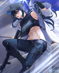  abs artist_name assault_rifle bare_shoulders black_pants black_shirt blue_archive blue_eyes breasts coat female gloves gun halo hat highres jacket knife_sheath long_hair looking_at_viewer mask midriff mouth_mask navel off_shoulder open_clothes open_jacket pants patreon_logo patreon_username rifle saori_(blue_archive) sheath shirt sig_516 sig_sauer solo stomach thighs underboob vilde_loh_hocen weapon web_address white_coat 