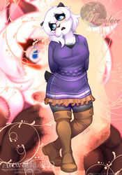  abluedeer abstract_background anthro bear black_body black_fur black_nose blue_eyes blush boots bottomwear breasts clothed clothing collarbone dress female footwear fur giant_panda hair hands_behind_back hi_res legwear lin_(abluedeer) mammal miniskirt moon_lace short_hair skirt solo thigh_boots thigh_highs white_body white_fur white_hair 