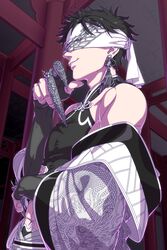  1boy black_hair blindfold chinese_clothes claw_(weapon) covered_eyes dragon_print earrings highres ikoka_no.2 indoors jewelry male_focus navel parted_lips qin_shi_huang_(shuumatsu_no_valkyrie) short_hair shuumatsu_no_valkyrie solo tassel weapon 