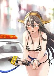  alternate_costume bad_id bad_twitter_id bare_shoulders bikini blue_rope blush bound bound_wrists breasts car cleavage collarbone commentary_request commission cuffs female grey_hair hair_between_eyes hair_ornament hairclip handcuffs haruna_(kancolle) headgear highres holding holding_microphone kantai_collection large_breasts leash long_hair microphone motion_lines motor_vehicle navel orange_eyes parted_lips police_car rope side-tie_bikini_bottom sidelocks skeb_commission solo stomach swimsuit tears translated very_long_hair viewer_holding_leash watanore 