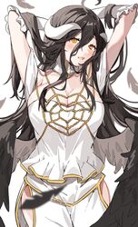  ahoge albedo_(overlord) arms_up black_feathers black_hair black_wings blush breasts cleavage demon_girl dress elbow_gloves feathers female gloves hair_between_eyes hip_vent horns inuyayo large_breasts long_hair looking_at_viewer low_wings overlord_(maruyama) parted_lips simple_background slit_pupils solo very_long_hair white_background white_dress white_gloves white_horns wings yellow_eyes 