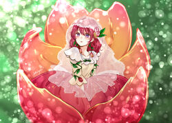  akatsuki_no_yona aminyao blush bridal_veil collarbone dress female flower hair_between_eyes hair_flower hair_ornament highres lens_flare long_hair long_skirt long_sleeves looking_at_viewer medium_hair multicolored_clothes multicolored_dress open_mouth pink_dress pink_flower pink_tulip purple_eyes red_flower red_hair red_skirt shirt signature skirt solo tulip veil white_dress white_shirt yona_(akatsuki_no_yona) 