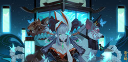  absurdres aoandon artist_name black_choker black_nails blue_butterfly blue_eyes breasts bug butterfly choker female grey_hair hair_ornament hand_up highres japanese_clothes lantern long_hair looking_at_viewer mask night night_sky onmyoji outdoors pale_skin photoshop_(medium) sky solo ukiyo_aoandon_(onmyoji) very_long_hair yuuta_(yuuta0312) 