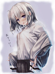  ai_(re:lief) collared_shirt dress_shirt female grey_background grey_hair kurono_mitsuki long_sleeves medium_hair open_mouth plaid plaid_skirt purple_eyes re:lief_~shin&#039;ai_naru_anata_e~ shirt side_ponytail skirt solo standing sweatdrop white_shirt wing_collar 