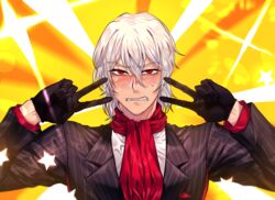  1boy antonio_salieri_(fate) antonio_salieri_(second_ascension)_(fate) ascot black_gloves black_suit blurry blurry_background blush chan100577 clenched_teeth double_v emotional_engine_-_full_drive fate/grand_order fate_(series) formal gloves hair_between_eyes hands_up highres long_sleeves looking_at_viewer male_focus parody pinstripe_pattern pinstripe_suit red_ascot red_eyes short_hair solo sparkle star_(symbol) striped suit sunburst sunburst_background teeth v white_hair yellow_background 