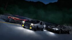  absurdres afterimage azur_lane car crossover drifting fujiwara_takumi&#039;s_toyota_trueno_ae86 headlight headlight_beam highres initial_d laing mclaren mclaren_p1 motion_blur motor_vehicle night no_humans pop-up_headlights racing sports_car tail_lights toyota toyota_sprinter_trueno vehicle_focus 