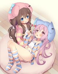  2girls animal_ear_headwear animal_ears arashiya arms_up azur_lane bell blue_cardigan blue_eyes blue_headwear blush bow brown_hair camisole candy_hair_ornament cardigan cat_ears cat_girl cat_teaser clenched_hands commentary_request commission commissioner_upload crescent crescent_hair_ornament dog_ears dog_girl fake_animal_ears food-themed_hair_ornament fumizuki_(azur_lane) fumizuki_(sleepy_fairy)_(azur_lane) hair_ornament hairbow hairclip hand_on_another&#039;s_stomach jingle_bell kisaragi_(azur_lane) kneehighs knees_up lap_pillow legs long_hair low_twintails lying midriff multiple_girls navel on_back open_mouth paw_pose pillow pink_camisole pink_cardigan pink_eyes pink_hair pink_headwear pink_shorts pixiv_commission ribbon short_shorts shorts sitting sleepwear smile socks striped_cardigan striped_clothes striped_socks thighs twintails 