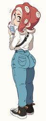  agent_8_(splatoon) ass cellphone denim female from_behind highres holding holding_phone jeans looking_at_viewer octoling octoling_girl octoling_player_character orange_eyes pants phone red_hair shirt short_hair smartphone solo splatoon_(series) suction_cups tentacle_hair white_shirt yuta_agc 