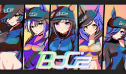  5girls :d :o alternate_costume aqua_eyes bare_shoulders baseball_cap black_jacket black_sweater blue_eyes blush boc&#039;z_(umamusume) breasts brown_hair cabbie_hat cheval_grand_(boc&#039;z)_(umamusume) cheval_grand_(umamusume) choker closed_mouth clothing_cutout collarbone collared_jacket commentary_request cropped_jacket cropped_sweater dot_nose ear_covers ears_through_headwear expressionless gradient_clothes grin group_name hair_between_eyes hair_ornament hair_over_one_eye hairclip halftone hat head_tilt high_collar highres hokko_tarumae_(boc&#039;z)_(umamusume) hokko_tarumae_(umamusume) horse_girl jacket large_breasts looking_at_viewer matikane_tannhauser_(boc&#039;z)_(umamusume) matikane_tannhauser_(umamusume) medium_breasts midriff mr._c.b._(boc&#039;z)_(umamusume) mr._c.b._(umamusume) multicolored_hair multiple_girls navel purple_eyes ribbed_sweater rice_shower_(boc&#039;z)_(umamusume) rice_shower_(umamusume) shoulder_cutout sidelocks small_breasts smile sports_bra streaked_hair sweater swept_bangs umamusume upper_body usuba_kagerou_(shougyouchu) white_hair yellow_eyes zipper 