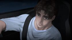  1boy absurdres brown_eyes brown_hair driving fujiwara_takumi hair_behind_ear highres initial_d laing looking_ahead male_focus seatbelt shirt sitting solo t-shirt vehicle_interior white_shirt 