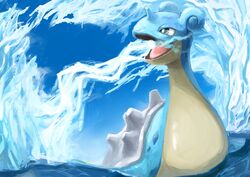  afloat breath_weapon breathing_ice day highres ikei lapras looking_to_the_side mixed-language_commentary no_humans open_mouth outdoors pokemon pokemon_(creature) sky solo tongue water 