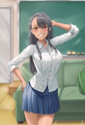  absurdres arm_up black_hair breasts brown_eyes chalkboard commentary couch dark-skinned_female dark_skin female grin hair_ornament hairclip hand_on_own_hip highres ijiranaide_nagatoro-san indoors korean_commentary long_hair looking_at_viewer medium_breasts nagatoro_hayase parted_bangs school_uniform shirt skirt smile teeth white_shirt yj_(yojo_san) 