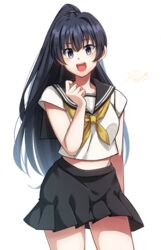  2023 :d alternate_costume black_hair black_sailor_collar black_skirt commentary_request cowboy_shot female fighter_(goblin_slayer!) goblin_slayer! grey_eyes hand_up highres kankitukou looking_at_viewer midriff_peek neckerchief partial_commentary ponytail sailor_collar school_uniform serafuku signature simple_background skirt smile solo white_background yellow_neckerchief 