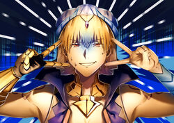  1boy absurdres bad_id bad_pixiv_id blonde_hair blue_background blue_vest bracer cropped_vest double_v earrings emotional_engine_-_full_drive fate/grand_order fate_(series) forced_smile gauntlets gilgamesh_(caster)_(fate) gilgamesh_(fate) grin hair_between_eyes hands_up highres jewelry kuropani_cos looking_at_viewer male_focus neck_ring parody red_eyes shaded_face short_hair shoulder_tattoo single_gauntlet smile solo sweatdrop tattoo turban v vest 