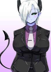  black_horns black_sclera black_suit blue_background blue_skin breasts buttons colored_sclera colored_skin demon_girl demon_horns demon_tail female formal green_eyes horns houshi huge_breasts looking_at_viewer musuko_ga_kawaikute_shikatanai_mazoku_no_hahaoya necktie purple_shirt shirt smile solo suit tail teeth teresa_(mazohaha) white_hair white_necktie 