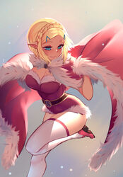  aqua_eyes belt belt_buckle blonde_hair blush braid breasts buckle cape crown_braid female fur-trimmed_cape fur_trim gradient_background hair_ornament hairclip high_heels highres leg_lift leg_up lips miniskirt open_mouth pointy_ears princess_zelda red_cape short_hair sidelocks simple_background skirt solo standing standing_on_one_leg sunset_nivaris teeth the_legend_of_zelda the_legend_of_zelda:_tears_of_the_kingdom thighhighs triforce_print 