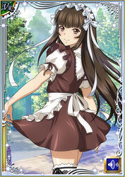  apron blunt_bangs brown_dress brown_eyes brown_hair brown_ribbon card_(medium) closed_mouth cowboy_shot day dress female floating_hair frilled_apron frills from_behind garter_straps headdress ikkitousen long_hair looking_at_viewer looking_back outdoors pinafore_dress ribbon ribbon-trimmed_sleeves ribbon_trim shirt short_dress short_sleeves skirt_hold sleeveless sleeveless_dress smile solo sparkle standing straight_hair ten&#039;i_(ikkitousen) thighhighs very_long_hair waist_apron white_apron white_shirt 