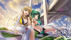  2girls :d ayato_utae bikini blonde_hair blunt_bangs breasts bridge cleavage clothes_writing copyright_notice dolphin_wave elbow_gloves gloves green_bikini green_eyes green_hair harunami_anri highres kirishima_uniform kneehighs large_breasts layered_bikini marvelous multiple_girls official_art ponytail single_elbow_glove single_kneehigh single_sock single_thighhigh sitting smile socks swimsuit thighhighs wavy_hair white_gloves yellow_bikini yellow_eyes 