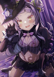  absurdres animal_ears arched_bangs bed_sheet blush bow breasts cleavage curtains female grey_hair hair_ornament hairband hat highres hololive long_hair long_sleeves looking_at_viewer mihaeru murasaki_shion murasaki_shion_(1st_costume) navel open_mouth paw_pose shirt sitting smile solo striped twintails vertical_stripes virtual_youtuber wariza witch_hat yellow_eyes 