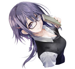  black_sweater breasts cleavage closed_mouth collared_shirt cropped_torso female floating_hair glasses hair_between_eyes hair_ornament hairclip kurono_mitsuki long_hair medium_breasts ootate_ruka purple_eyes purple_hair re:lief_~shin&#039;ai_naru_anata_e~ rectangular_eyewear shirt simple_background smile solo sweater sweater_vest upper_body white_background white_shirt wing_collar 