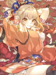  adjusting_hair animal_print arm_tattoo arms_behind_head arms_up bandaged_arm bandaged_leg bandages bird_print blonde_hair breasts commentary_request eyeliner female genshin_impact hadanugi_dousa hair_ornament highres japanese_clothes kimono looking_at_viewer makeup medium_breasts mouth_hold obi orange_eyes orange_kimono rope sarashi sash shimenawa smile solo tattoo tied_hair yoco_n yoimiya_(genshin_impact) 