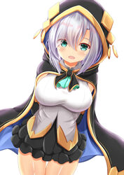  :d ars_almal ars_almal_(1st_costume) ascot black_cape black_skirt breasts cape commentary_request dutch_angle female frilled_skirt frills green_ascot green_eyes hair_between_eyes highres hood hood_up hooded_cape large_breasts looking_at_viewer nijisanji open_mouth shirt simple_background skirt smile solo thigh_gap virtual_youtuber white_background white_hair white_shirt xenon_(for_achieve) 