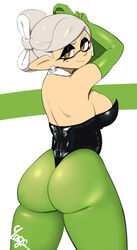  ass backless_outfit bare_back black_jumpsuit breasts brown_eyes earrings female from_behind green_pantyhose grey_hair highres inkling jewelry jumpsuit large_breasts looking_at_viewer looking_back marie_(splatoon) mole mole_under_eye pantyhose short_hair short_jumpsuit shoulder_blades sideboob solo splatoon_(series) tentacle_hair yuta_agc 