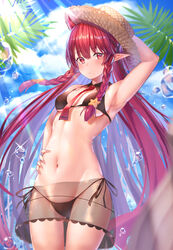  absurdres alternate_costume arknights arm_up armpits bad_id bad_pixiv_id bare_arms bare_shoulders bikini black_bikini braid breasts brown_hat bubble closed_mouth cloud cowboy_shot day detached_collar female groin hair_ornament hand_on_headwear hand_on_own_hip hat highres horns leaf lens_flare light_rays long_hair looking_at_viewer medium_breasts navel necktie official_alternate_costume outdoors pointy_ears red_eyes red_hair sarong short_necktie side-tie_bikini_bottom sidelocks single_horn solo standing stomach straw_hat string_bikini sunbeam sunlight swimsuit takechii thighs twin_braids very_long_hair vigna_(arknights) vigna_(casual_vacation)_(arknights) 