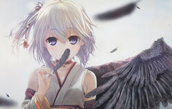  ai_(re:lief) blue_eyes blurry blurry_foreground choker closed_mouth collarbone detached_sleeves feathered_wings feathers female grey_background grey_wings hair_between_eyes holding holding_feather japanese_clothes kimono kurono_mitsuki long_sleeves looking_at_viewer medium_hair one_side_up re:lief_~shin&#039;ai_naru_anata_e~ red_choker side_ponytail single_wing sleeveless sleeveless_kimono smile solo upper_body white_hair white_kimono white_sleeves wings 