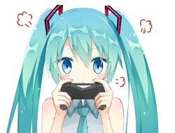  :&lt; aqua_hair aqua_necktie arms_up bare_shoulders blue_eyes closed_mouth commentary controller eyes_visible_through_hair female hair_ornament hatsune_miku holding holding_controller kamu_(geeenius) looking_at_viewer necktie sidelocks simple_background solo twintails vocaloid 