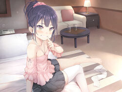  black_hair black_skirt blush breasts commentary_request couch detached_sleeves female finger_to_mouth frills glass green_eyes grin hotel_room lamp looking_at_viewer namaru_(summer_dandy) official_art on_bed original photoshop_(medium) pillow pleated_skirt scrunchie single_thighhigh sitting skirt small_breasts smile solo table thighhigh_removed thighhighs unworn_thighhighs white_thighhighs 