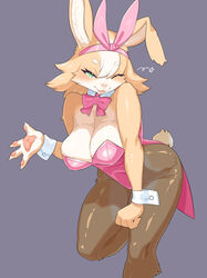  4_fingers 848siba anthro biped breasts brown_body brown_fur bunny_costume cheek_tuft cleavage cleavage_overflow clothed clothing costume countershade_fur countershading digital_media_(artwork) eyebrows eyelashes facial_tuft fake_ears fake_rabbit_ears female fingers floppy_ears fur green_eyes hair_between_eyes hi_res ironic_fake_ears kemono lagomorph legwear leporid looking_at_viewer mammal on_one_leg one_eye_closed pantyhose rabbit ribbons shaded shirt_collar shirt_cuffs simple_background smile solo standing tuft wink 