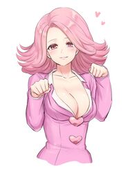  absurdres april_may breasts cleavage closed_mouth collarbone commentary female gyakuten_saiban haniwa_(8241427) heart highres jacket large_breasts long_sleeves looking_at_viewer medium_hair paw_pose phoenix_wright:_ace_attorney pink_eyes pink_hair pink_jacket smile solo upper_body white_background 