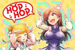  2girls alice_gear_aegis battle_girl_high_school blonde_hair breasts brown_eyes brown_hair commentary_request double_bun english_text hair_bun heart highres hood hoodie multiple_girls open_mouth purple_shirt shirt smaragdus_viridi usamoto_anna watagi_michelle 