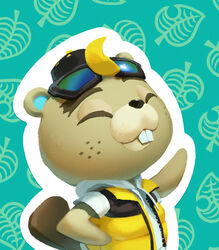  2020 animal_crossing anthro backwards_baseball_cap backwards_hat baseball_cap beaver buckteeth c.j._(animal_crossing) closed_eyes clothed clothing eyewear eyewear_on_head freckles fur green_background hat headgear headwear hi_res jacket leaf male mammal nikogeyer nintendo rodent round_ears simple_background smile solo sunglasses sunglasses_on_head teeth topwear vest 