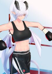  abs absurdres alternate_costume bare_shoulders boxing_gloves boxing_ring boxing_shorts breasts commentary_request demon_girl demon_horns demon_tail demon_wings female gloves hair_over_one_eye highres horns large_breasts lilim_(monster_girl_encyclopedia) looking_at_viewer monster_girl_encyclopedia muscular pointy_ears ponytail red_eyes shorts smile solo sports_bra tail tank_top white_hair wings yositsune 