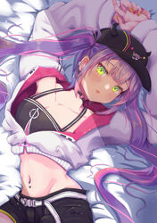  absurdres bed_sheet belt black_choker black_hat black_shorts black_tank_top blush breasts choker colored_inner_hair cropped_jacket ear_piercing female green_eyes hair_ornament hairclip hat highres hololive horns interlocked_fingers jacket long_hair long_sleeves looking_at_viewer lying medium_breasts mihaeru multicolored_hair navel navel_piercing o-ring o-ring_choker off_shoulder on_back open_mouth piercing pink_hair pointy_ears purple_hair short_shorts shorts solo streaked_hair tank_top tokoyami_towa tokoyami_towa_(1st_costume) twintails virtual_youtuber white_jacket 