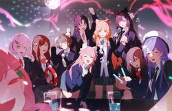  6+girls :d ^_^ animal_ears anya_pandaria atelier_live beret black_hair blazer blue_hair blue_jacket braid brown_hair bun_cover chai_(vtuber) closed_eyes commentary crown_braid english_commentary eris_elysia europa_yuu fox_ears fox_girl genderswap_(mtf) glowstick hair_behind_ear hat head_tilt himey_(vtuber) holding holding_instrument holding_microphone instrument jacket karaoke klaeia_(vtuber) kuzuryu_io looking_at_viewer mari_the_hybrid microphone mole mole_under_eye multicolored_hair multiple_girls musical_note nanatsuki_nana one_eye_closed open_mouth paw_pose pink_hair pink_theme purple_eyes red_hair red_panda_ears red_panda_girl rule_63 school_uniform short_hair smile streaked_hair sweatdrop tambourine tsubaki_(juwei) virtual_youtuber white_hair white_headwear white_jacket yueko_(jiayue_wu) 