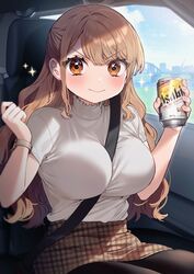  alcohol asahi_breweries beer beer_can between_breasts black_pantyhose blue_sky brand_name_imitation breasts brown_eyes brown_hair brown_skirt can car_interior closed_mouth cloud commentary day drink_can female highres holding holding_can kodama&#039;s_elder_sister_(sakura_yuki) large_breasts long_hair looking_at_viewer original pantyhose parted_bangs plaid plaid_skirt sakura_yuki_(clochette) seatbelt shirt short_sleeves sitting skirt sky smile solo sparkle strap_between_breasts turtleneck watch white_shirt wristwatch 