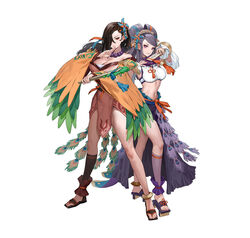  2girls bead_necklace beads breasts brown_eyes brown_hair cleavage ekao feet fire_emblem fire_emblem_fates fire_emblem_heroes hand_up jewelry kagero_(fire_emblem) kagero_(winds_offered)_(fire_emblem) large_breasts legs looking_at_viewer midriff multiple_girls necklace official_alternate_costume official_art orochi_(fire_emblem) orochi_(winds_offered)_(fire_emblem) pelvic_curtain pinwheel_hair_ornament purple_eyes purple_hair sandals smile toenails toes white_background 