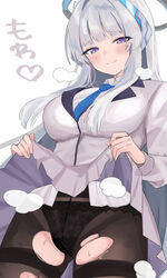  blue_archive blue_necktie blush breasts clothes_lift female formal grey_hair halo highres lace-trimmed_panties lace_trim large_breasts long_hair long_sleeves looking_at_viewer mechanical_halo necktie noa_(blue_archive) panties panties_under_pantyhose pantyhose purple_eyes shirt sidelocks skirt skirt_lift smile solo steam suit sweat thighband_pantyhose torn_clothes torn_pantyhose tsumayouji_(tumayog) underwear very_long_hair white_background white_skirt white_suit 