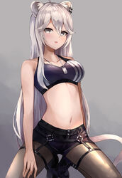  animal_ear_fluff animal_ears black_footwear black_shorts black_sports_bra breasts dog_tags earrings female grey_background grey_eyes grey_hair hair_between_eyes highres hololive jewelry kneeling konkito large_breasts lion_ears lion_girl lion_tail long_hair looking_at_viewer midriff navel oerba_yun_fang official_alternate_costume official_alternate_hairstyle open_mouth pantyhose shishiro_botan shishiro_botan_(button-down) shoes short_shorts shorts simple_background solo sports_bra tail thigh_strap virtual_youtuber 