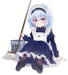  aged_down alternate_costume apron black_footwear blue_dress blue_eyes blue_hair brown_pantyhose bucket commentary_request dress enmaided female frilled_apron frilled_dress frills full_body gyozanuko hair_between_eyes highres juliet_sleeves long_sleeves maid maid_apron maid_headdress mop pantyhose puffy_sleeves rag ryuuou_no_oshigoto! shadow shoe_soles shoes sitting solo sora_ginko white_apron white_background 