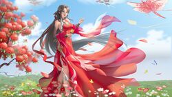  absurdres artist_request bare_legs blue_sky brown_hair bug butterfly chinese_clothes cleavage_cutout clothing_cutout cloud detached_sleeves dress facial_mark female flower forehead_mark grass hair_rings highres huo_linger_(wanmei_shijie) kite long_hair parted_lips red_dress second-party_source sky solo very_long_hair wanmei_shijie 